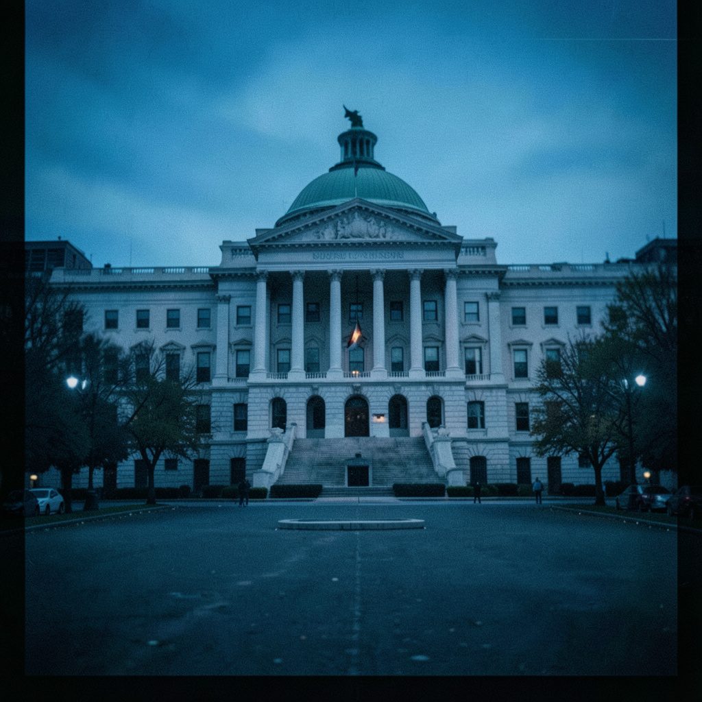 A wide establishing shot of Washington, D.C. with iconic monuments under a clear sky, conveying a sense of history and institutional presence.